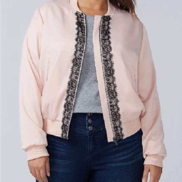 Lane Bryant Pink Bomber Jacket with Lace Trim - Picture 2 of 7